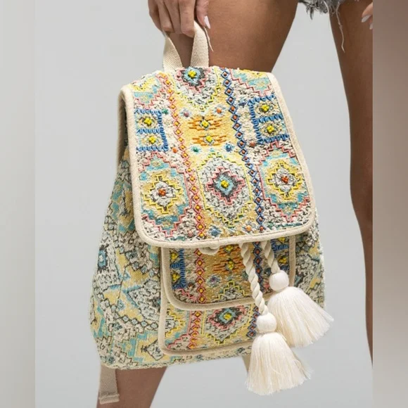 Boho Chic Backpack - Ethnic Inspired Pattern - Hand Beaded Accents - Fine Cotton - Picture 9 of 16